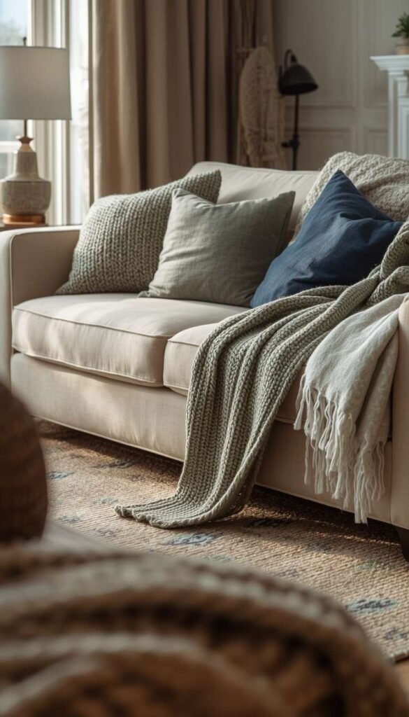 Cozy Living Room with Layered Blue and Green Textiles
