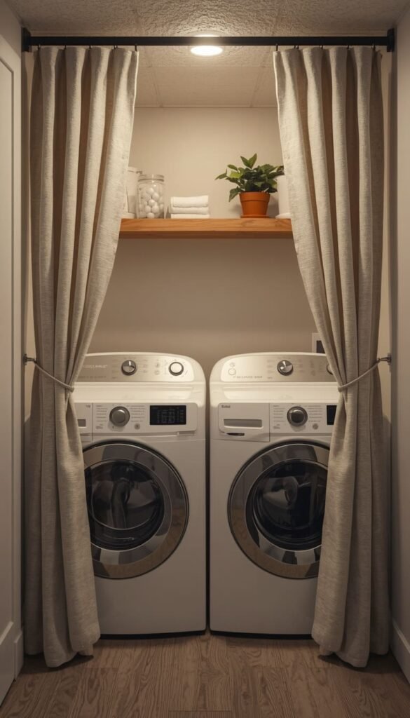 Create a Budget Laundry Room Nook With a Curtain and Floating Shelf