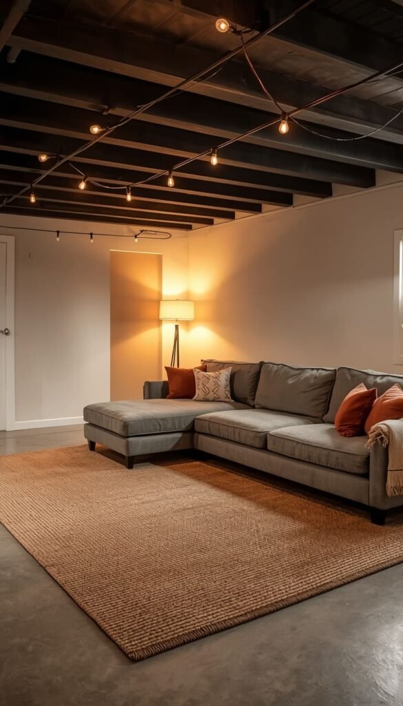Create a Cozy Unfinished Basement Family Room With a Rug Layering Trick