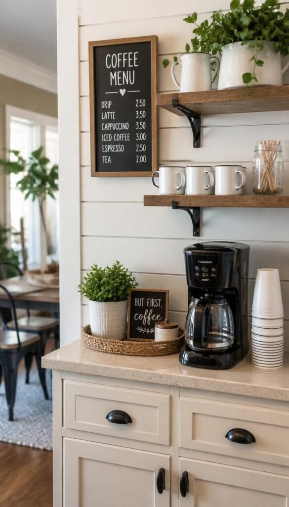 Create a Farmhouse Coffee Bar Ideas Look With Shiplap and Open Shelving
