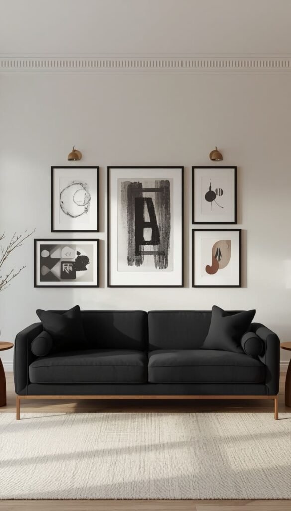 Create a Gallery Wall Above Your Black Sofa for a Bold Focal Point