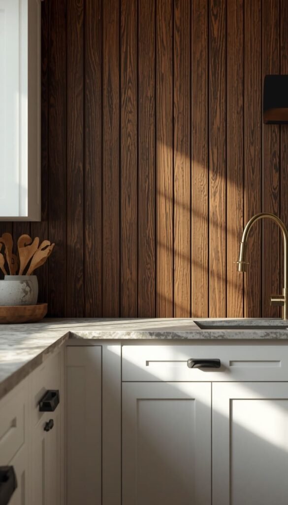 Dark Stained Wood Plank Backsplash