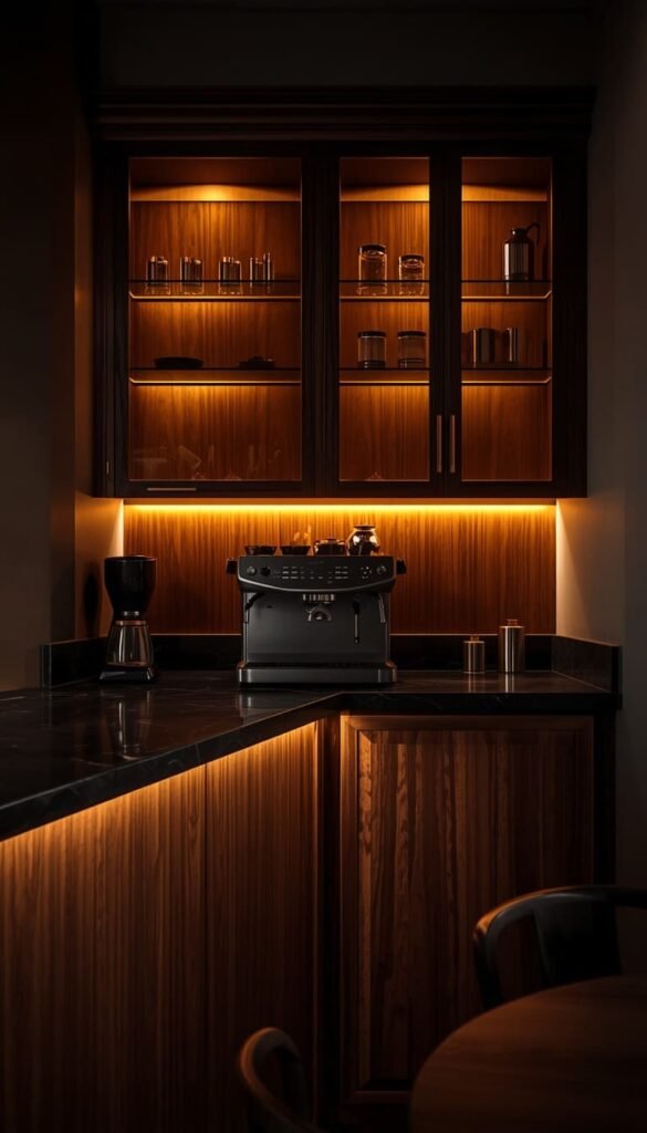 Dark Wood Cabinetry and Undercabinet Lighting for a Moody Coffee Corner