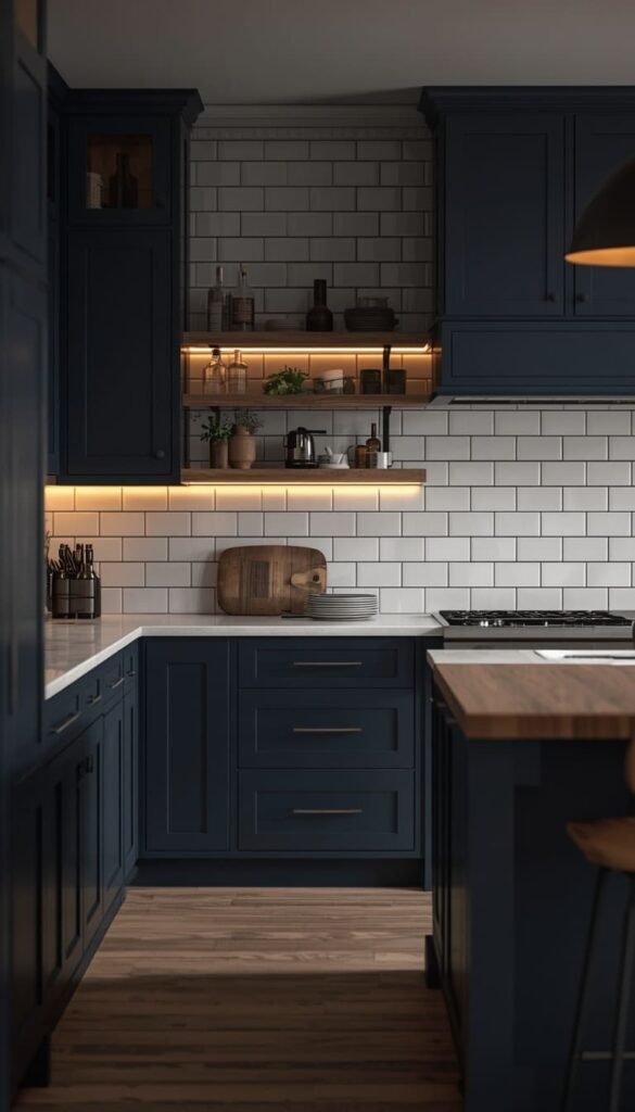 Deep Midnight Blue Kitchen With White Subway Tile