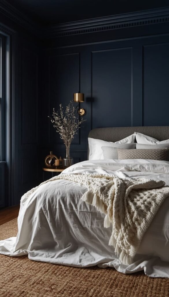  Deep Navy Blue and White Color Drench Bedroom for a Cozy Moody Retreat