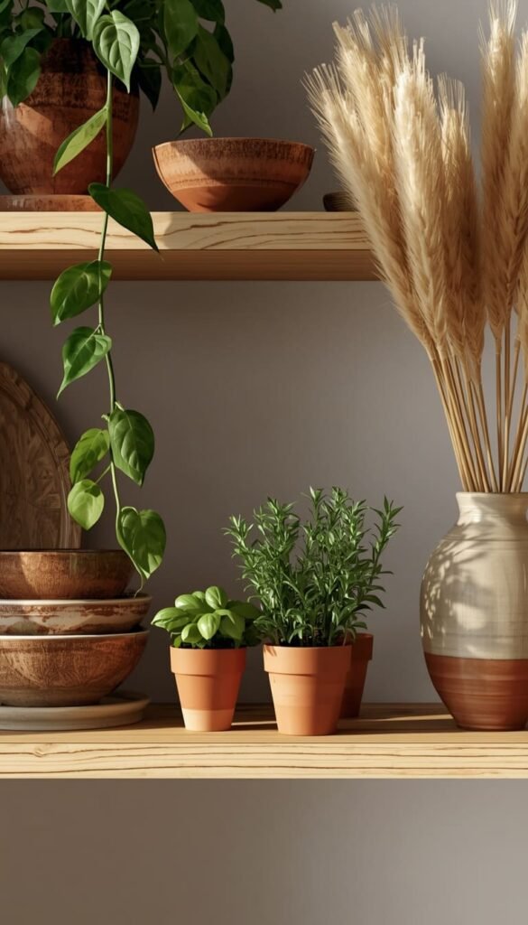 Design Open Shelving Kitchen Displays With Plants and Handmade Pottery