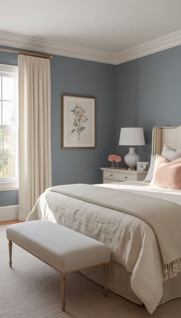 Dusty Blue Bedroom Color Scheme with Blush Pink and Cream for Women