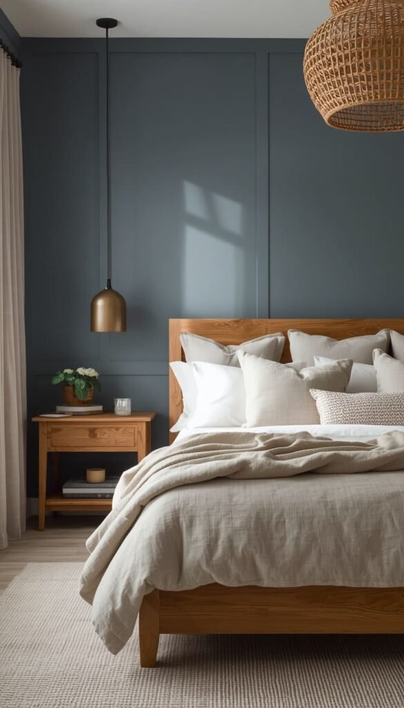 Dusty Blue Walls with Warm Wood Accents for a Grounded Cozy Retreat