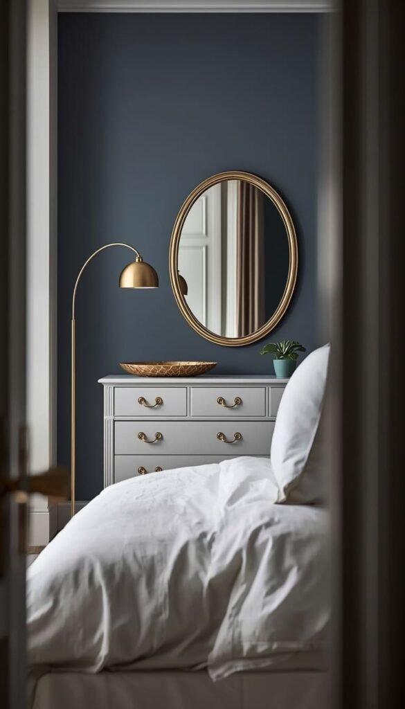 Elegant Dusty Blue Master Bedroom Design with Brass and Gold Finishes