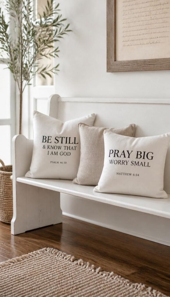 Farmhouse Bench With Scripture Pillows