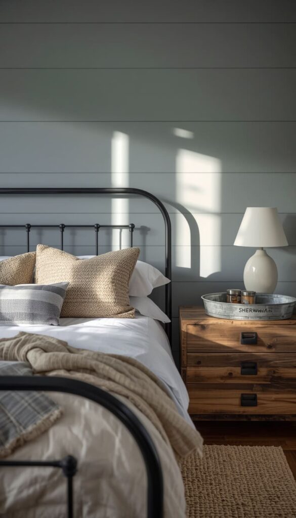  Farmhouse Blue Bedroom Style Using Dusty Blue Shiplap and Linen Bedding