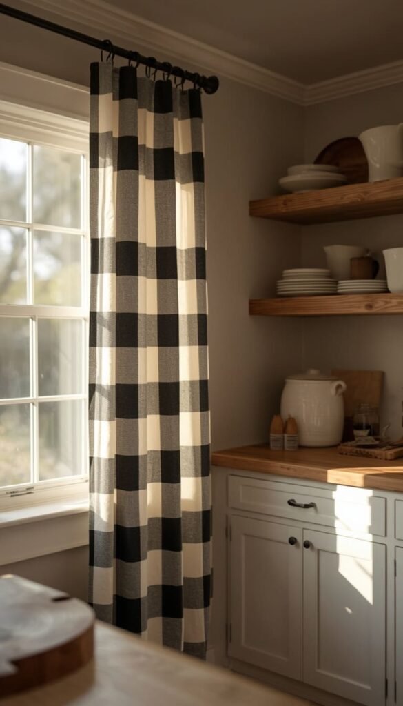 Farmhouse Kitchen Curtains Using Stripes Checks and Natural Textures