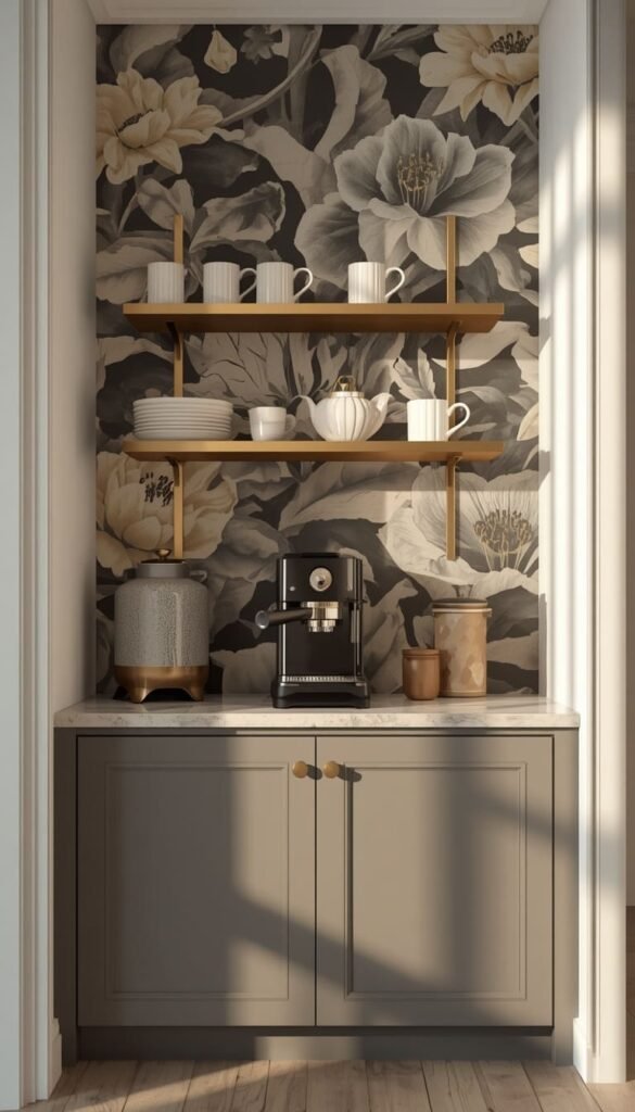 Floating Brass Shelves and a Wallpaper Backdrop for the Hallway Coffee Bar