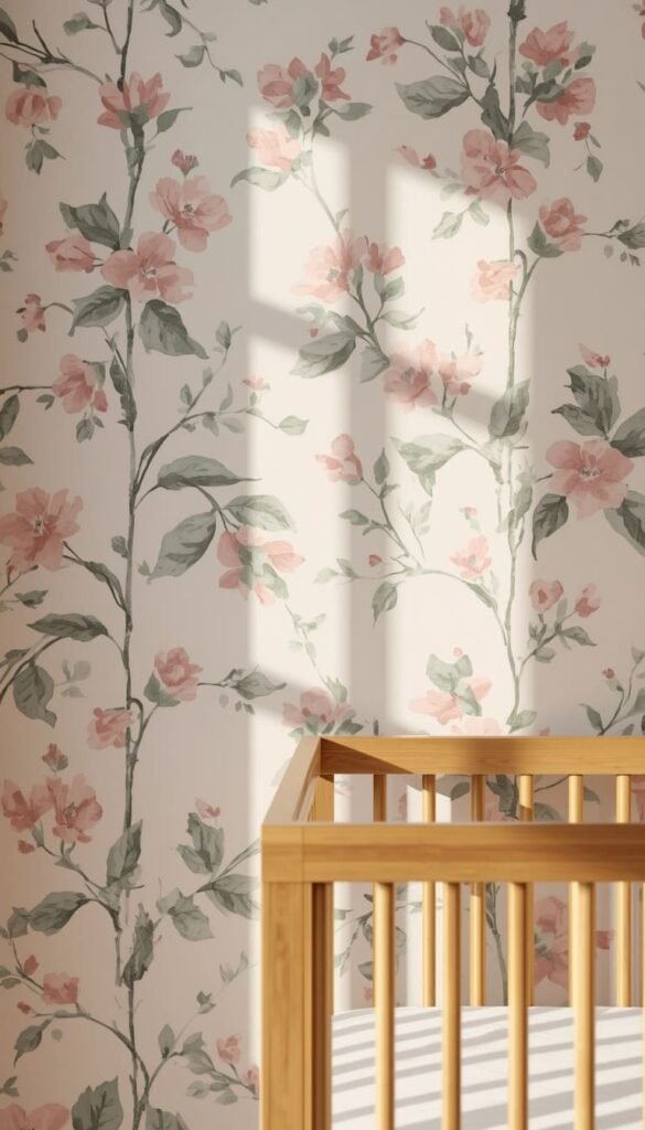 Floral Wallpaper Accent Wall Behind the Crib