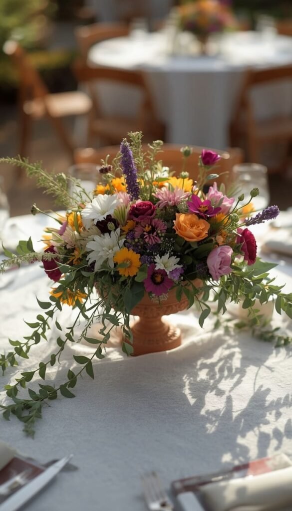 Garden Grown Wildflower Arrangements for Romantic Round Wedding Table Styling