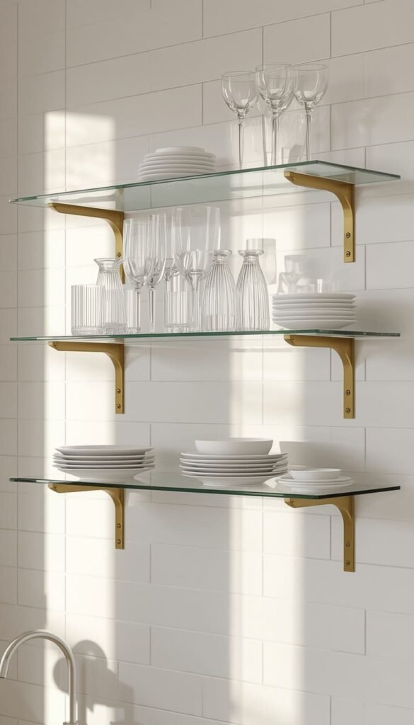 Glass Shelves With Brass Brackets for a Modern Glam Look