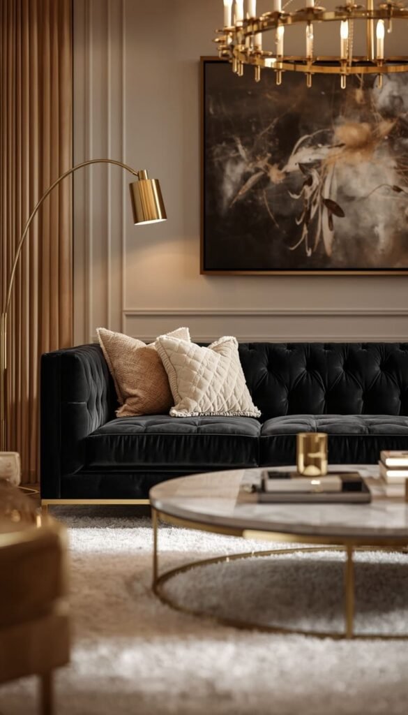 Go Glam With Gold Accents and a Black Tufted or Velvet Sofa