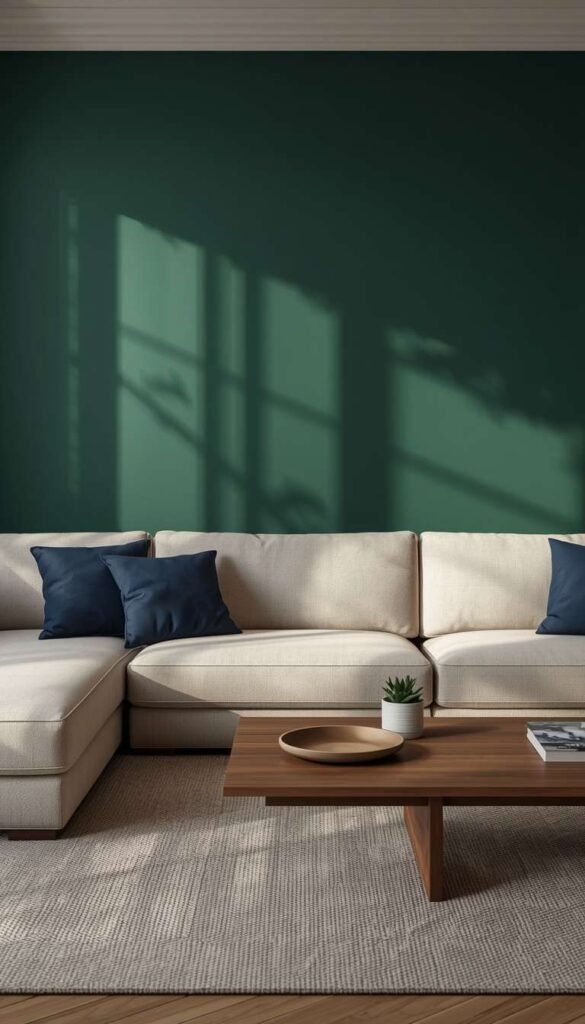 Green Accent Wall Behind a Beige Sectional, Contemporary Style