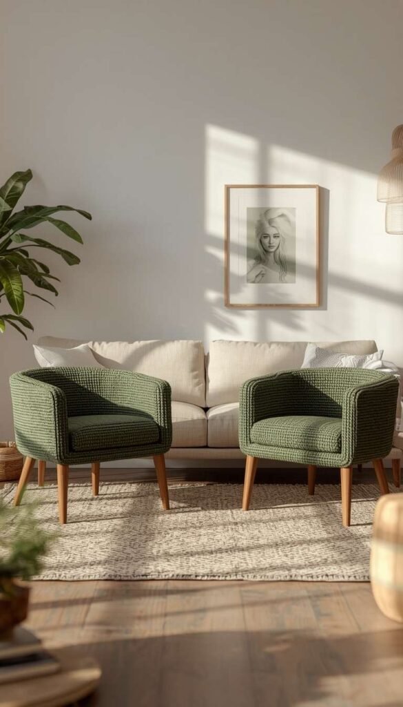 Green Bouclé Accent Chairs with a Beige Linen Sofa