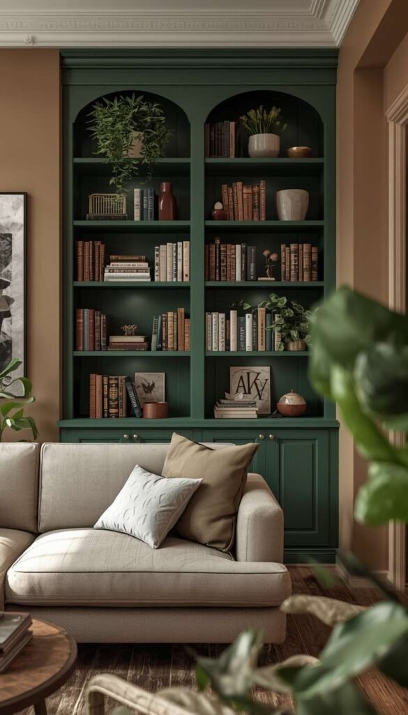 Green Built Ins or Bookshelves Against Beige Walls