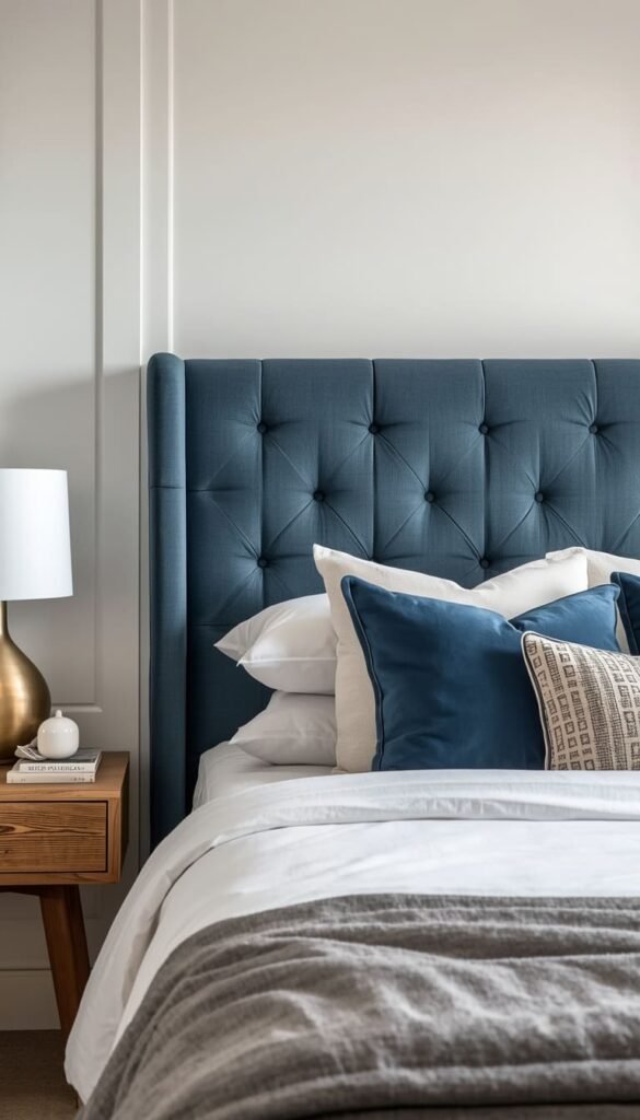 Hamptons Style Blue and White Bedroom With Linen Drapes and Woven Textures