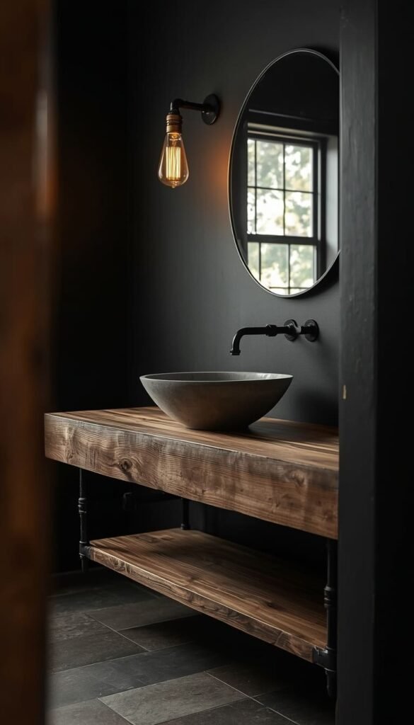 Industrial Black Bathroom with a Reclaimed Wood Vanity Statement