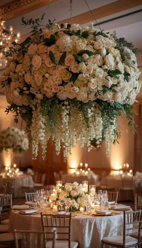 Lush Floral Clouds — The Overhead Centerpiece Round Reception Tables Were Made For