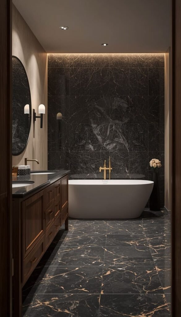 Luxury Black Bathroom with a Dark Wood Double Vanity and Freestanding Tub