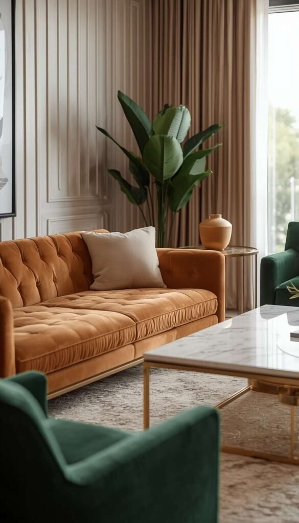  Luxury Neutral Living Room with Deep Green and Camel