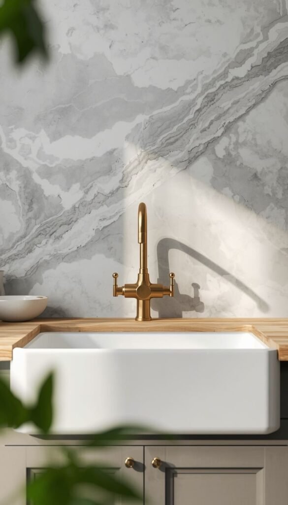 Marble Slab Backsplash with Farmhouse Sink