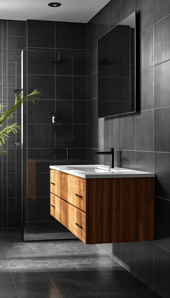 Matte Black Tile Bathroom with a Warm Oak Floating Vanity