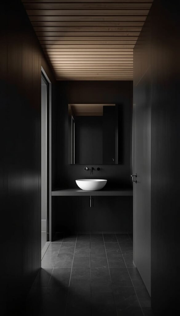 Minimalist Black Bathroom Warmed Up by Wood Ceiling Panels