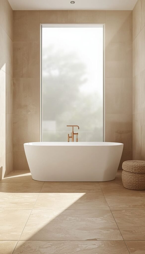 Minimalist Earth Tone Bathroom with a Soaking Tub Focal Point