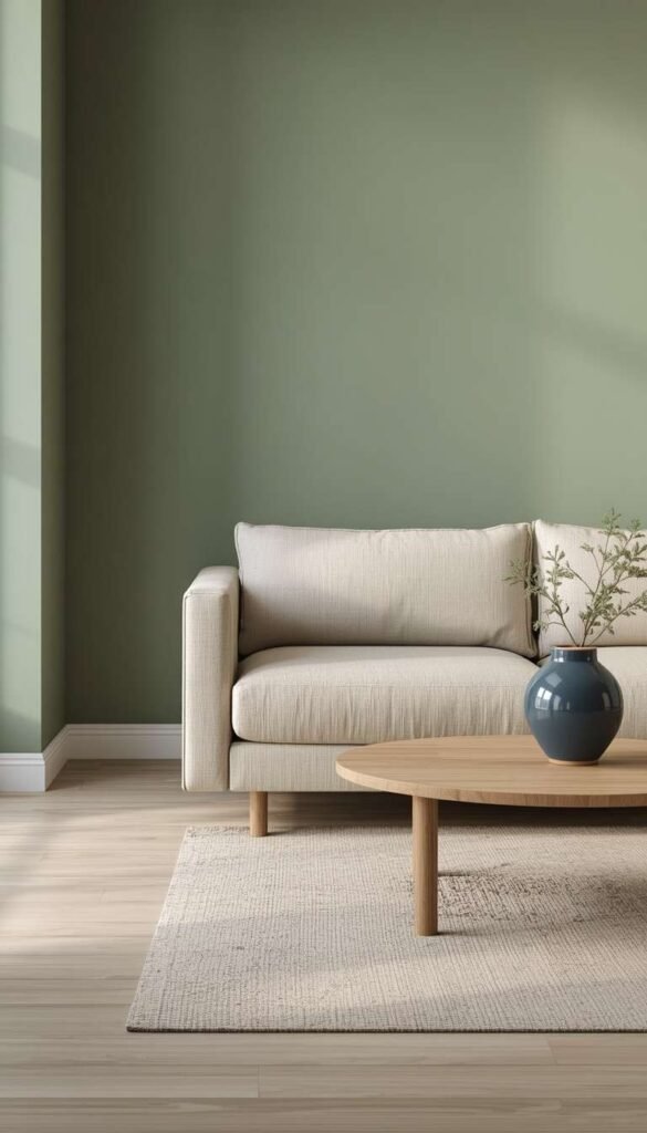 Minimalist Living Room in Sage, Beige and One Blue Note