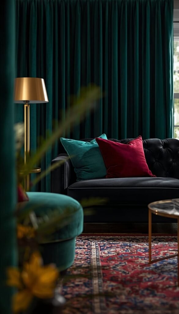 Mix a Black Velvet Sofa With Jewel Tones for Instant Luxury