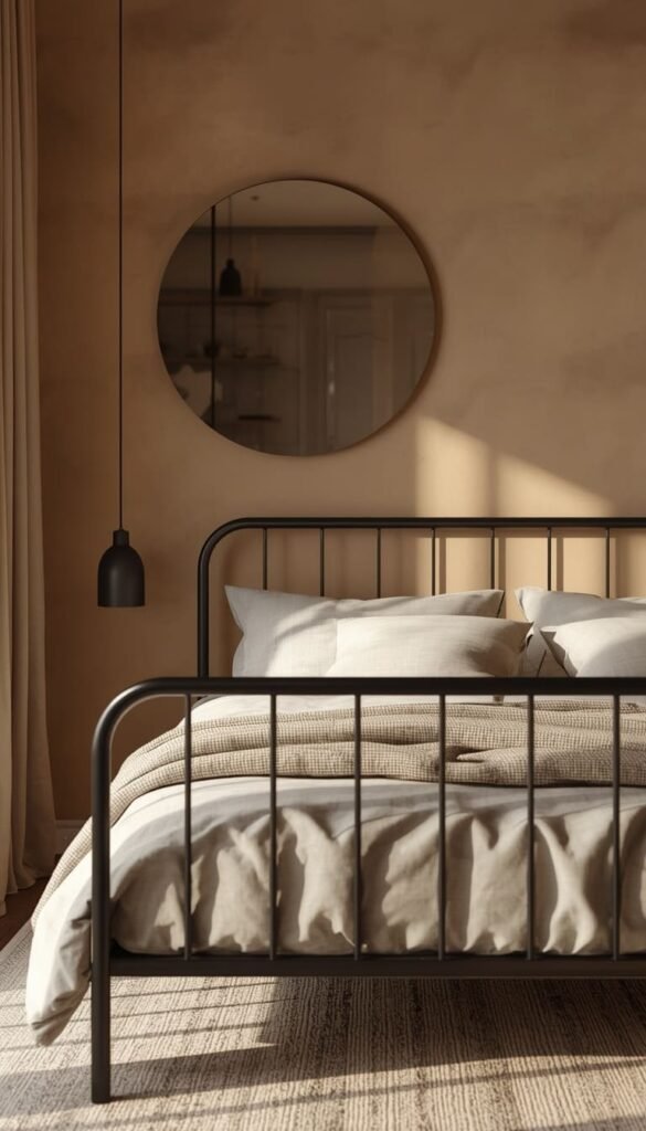 Modern Beige Bedroom With Black Metal Accents