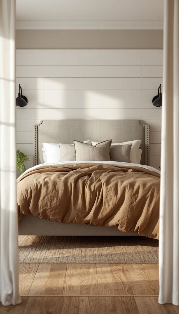 Modern Farmhouse Beige Bedroom: Shiplap Linen and Warmth