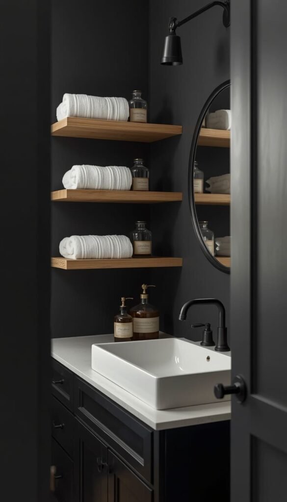 Modern Farmhouse Black Bathroom with Open Natural Wood Shelving
