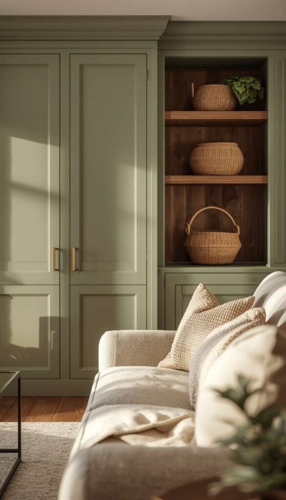 Modern Farmhouse Sage Cabinetry with Linen Beige Sofa