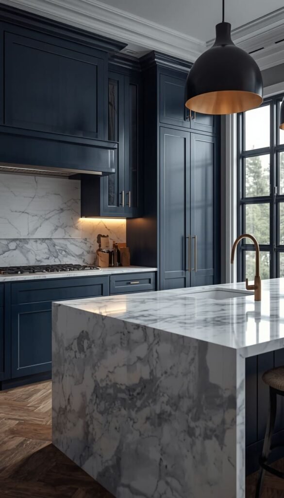 Modern Navy Kitchen With White Marble Countertops