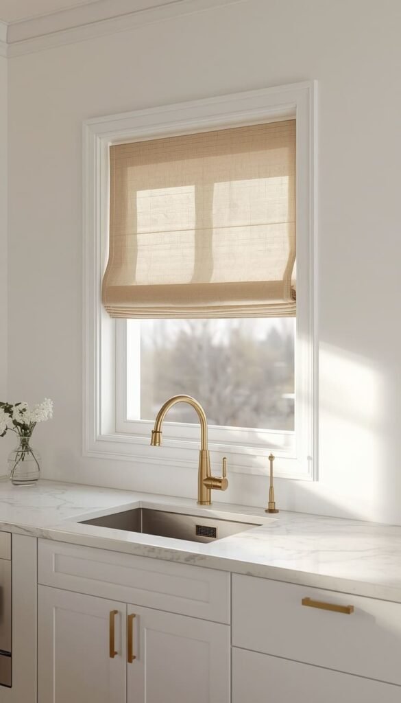 Monochromatic Window Treatments for a Clean Modern Kitchen Look