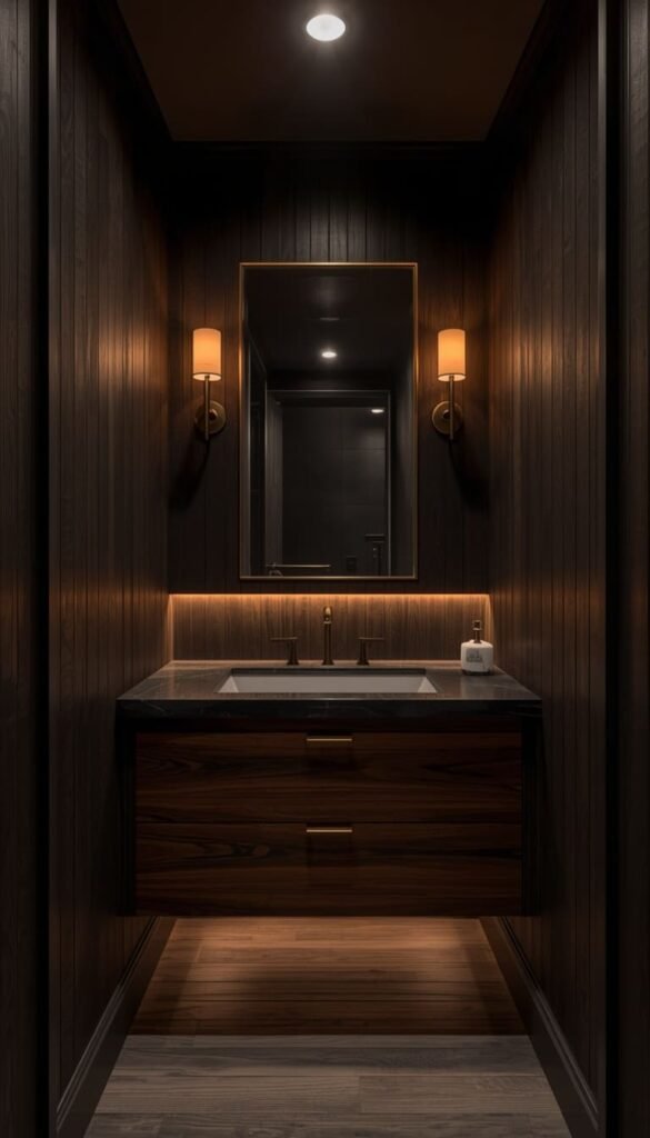Moody Dark Wood Bathroom with a Black Vanity and Ambient Lighting