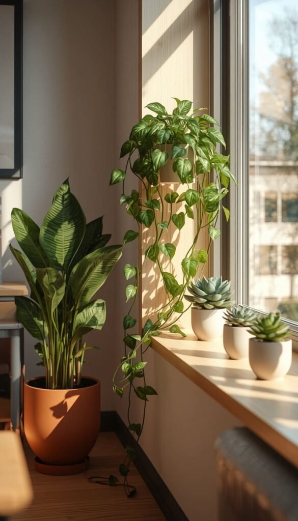 Muted Plant Decor with Snake Plants and Pothos
