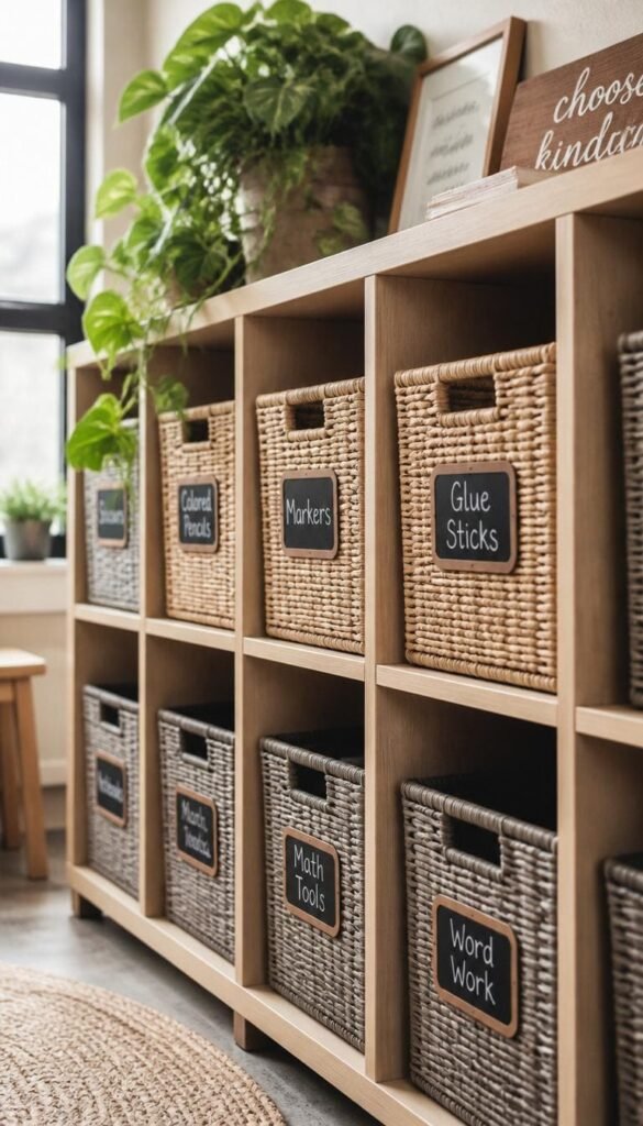 Natural Wood Shelving with Woven Basket Storage