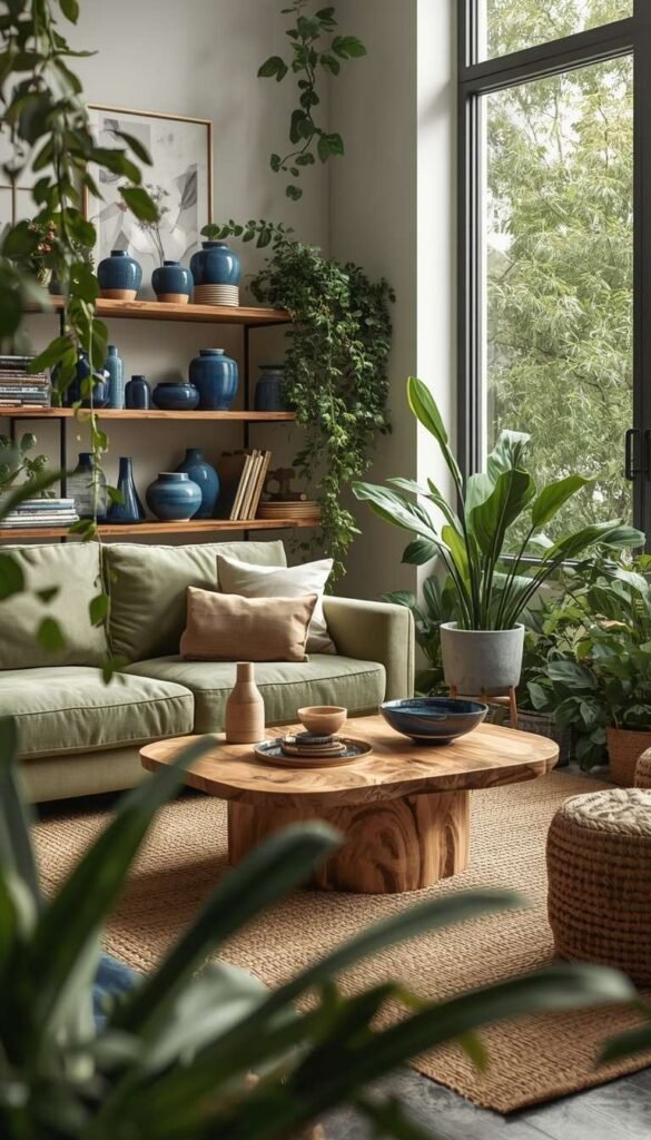 Nature Inspired Living Room, Blue, Green and Natural Wood Tones
