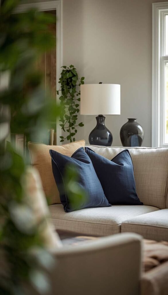 Navy Accents in an Otherwise Beige Transitional Living Room