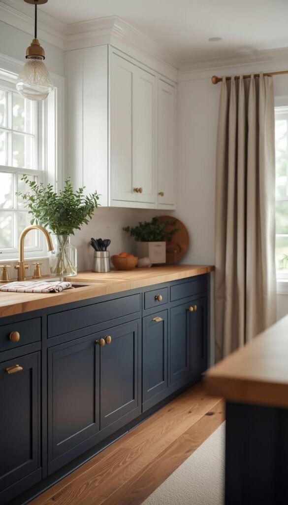 Navy Blue Lower Cabinets With Crisp White Uppers