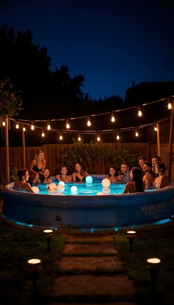 Nighttime Inflatable Pool Setup Ideas With Lights and Ambiance