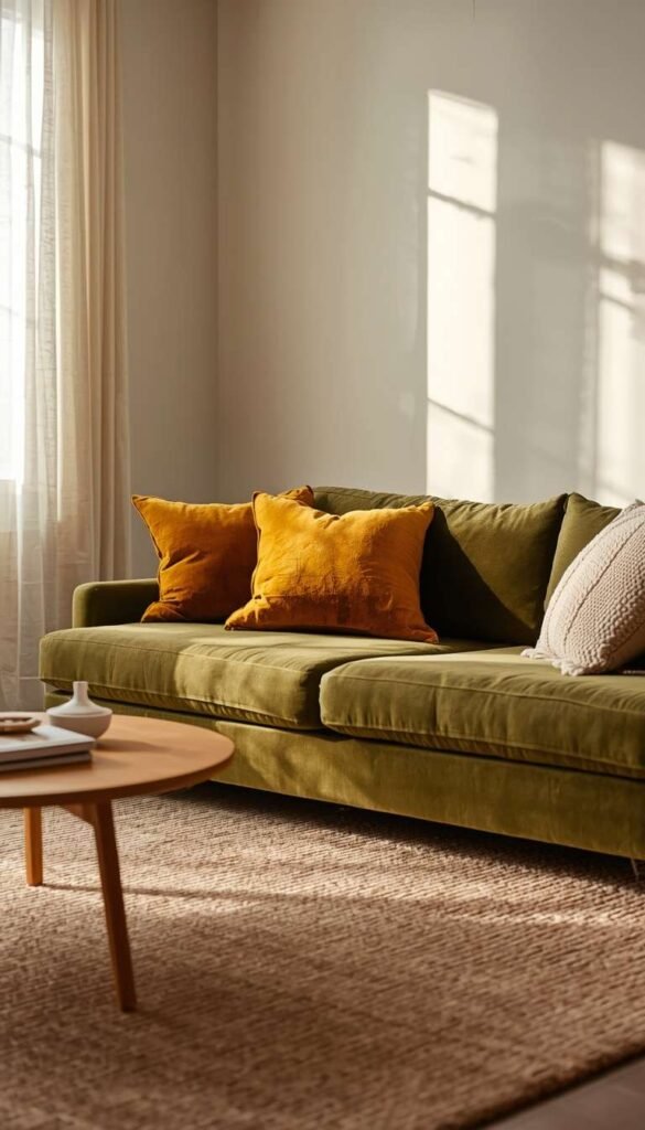  Olive Green Sofa Against Cream Walls