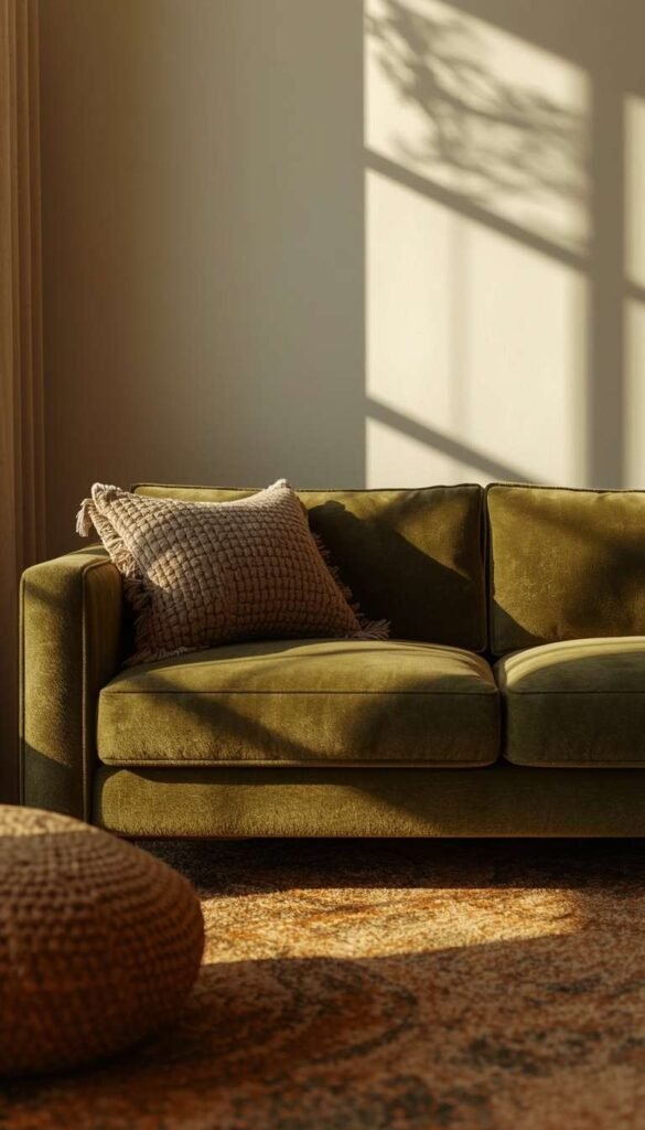 Olive Green Velvet Sofa on a Beige Base